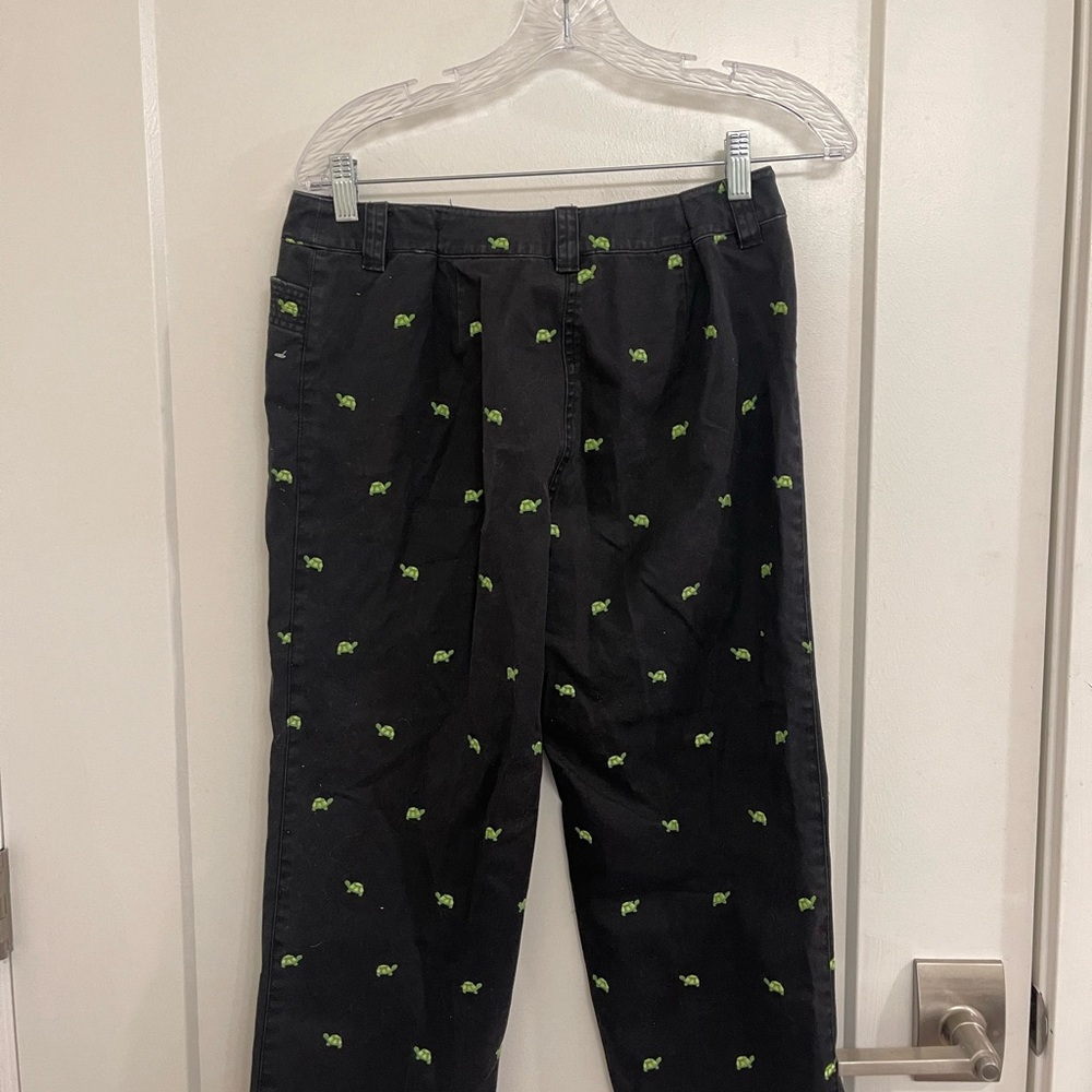 Kate Hill Cotton Black Ankle Pants Green Turtle Embroidery Grandpacore Coastal - Picture 4 of 5